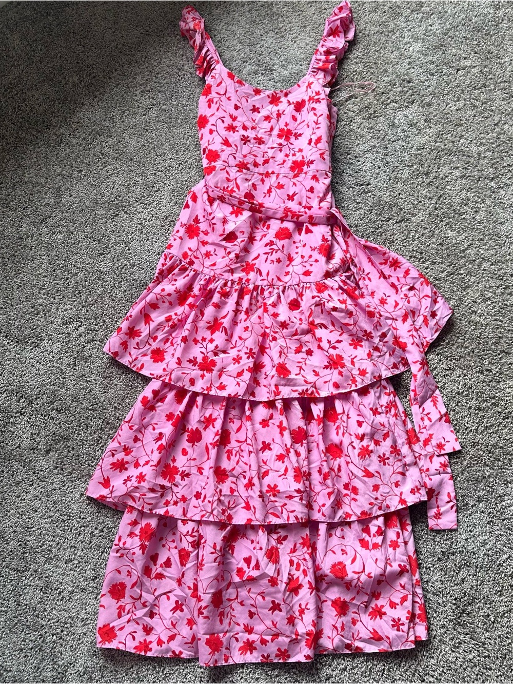 Likely Pink Floral Tiered Maxi Dress with Red Print